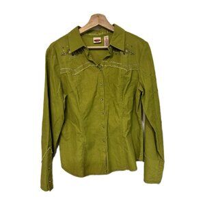 Y2k Corduroy Blouse Size XL 100%cotton Green‎ Long Sleeve VTG Crb